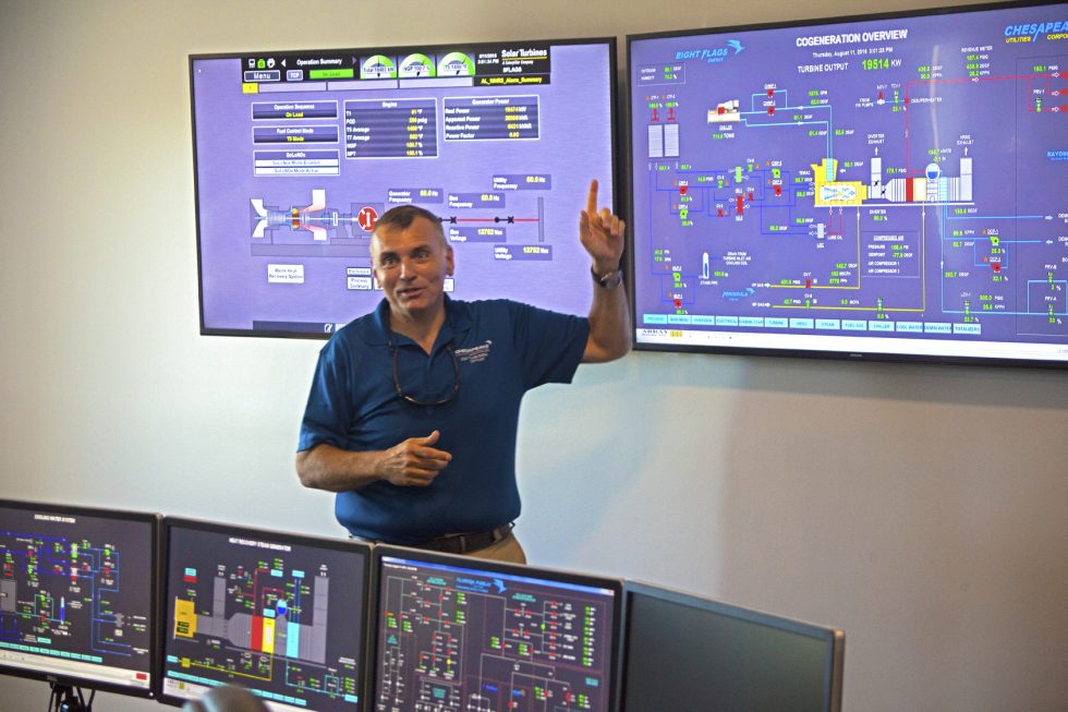 Inside the control room of the Eight Flags Energy CHP Plant, Warren DiNapoli, Manager of Electric Operations, conducts a plant tour.